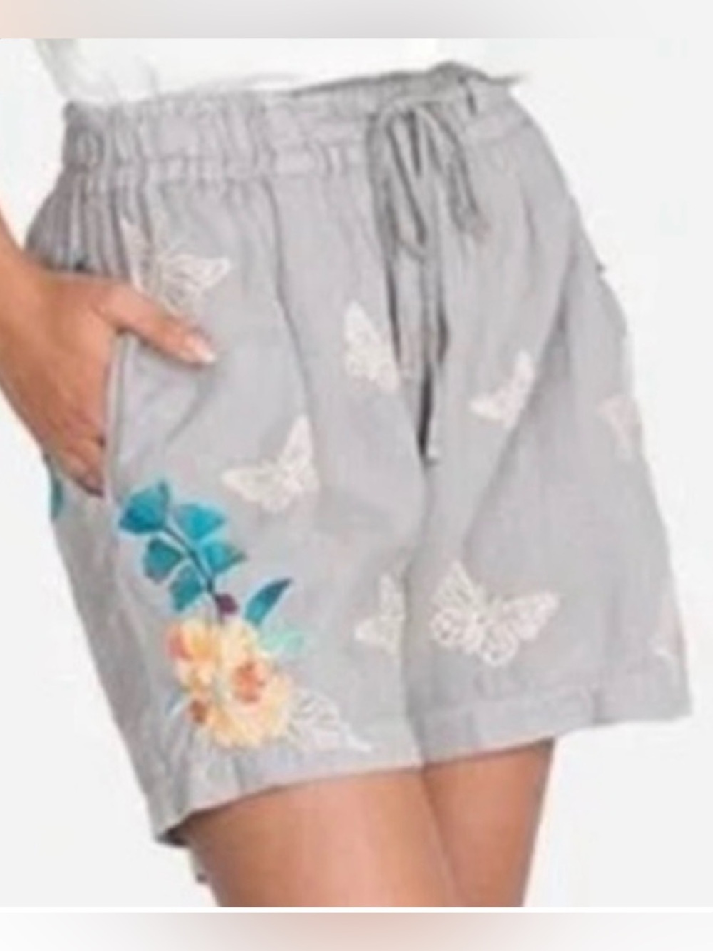 JWLA Johnny Was Linen Butterfly & Floral Embroidered Drawstring Shorts- Sz Large